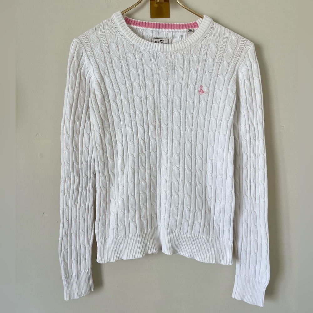 Jack Wills White Cable-Knit preppy feminine Crewneck Sweater with Pink Logo Trim